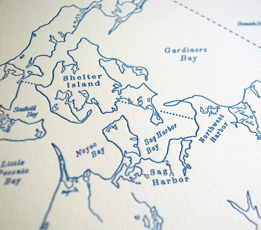 Hand-drawn letterpress printed map of Montauk Hamptons New York Northeastern US