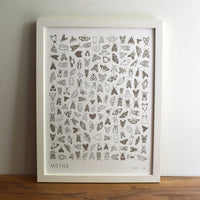 Framed artwork on maple tabletop.  Letterpress print depicting many species of moths.  Hand-drawn and hand-printed