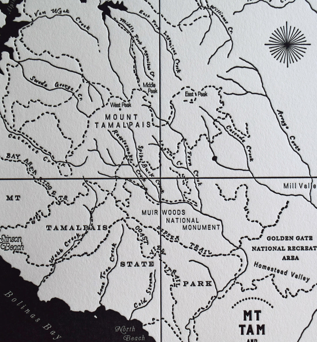 Handdrawn letterpress map depicting mount Tamalpais area including muir woods national monument