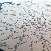 Letterpress wall art map depicting mt tam California. includes muir woods and pacific ocean