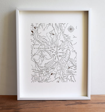 letterpress printed map of mt hood oregon and surrounding area identifying natural features including glaciers creeks lakes