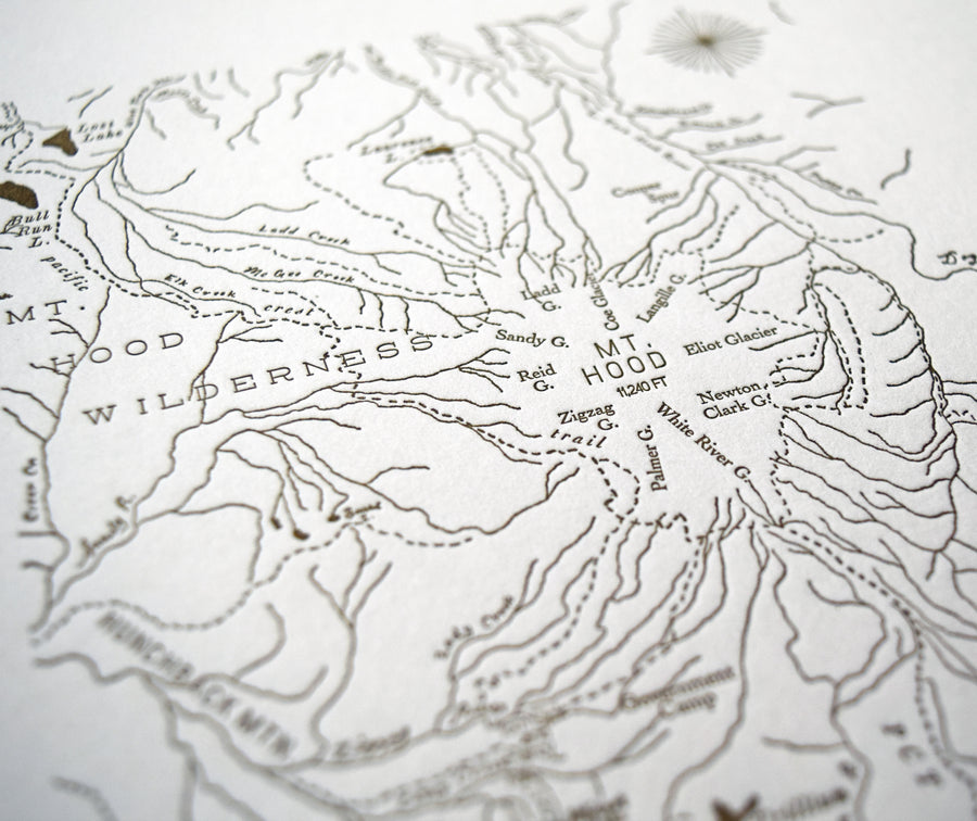 Map of Mt Hood letterpress printed in black ink