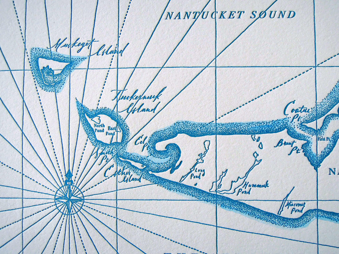 Nantucket Island Map printed in letterperss with watercolor accent along shorelines