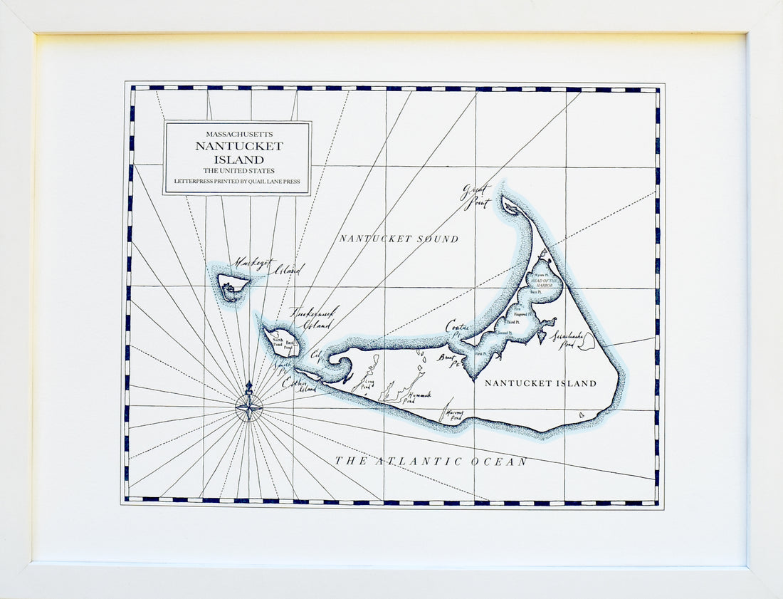 Framed letterpress art print map of nantucket island massachusetts norheastern united states coast