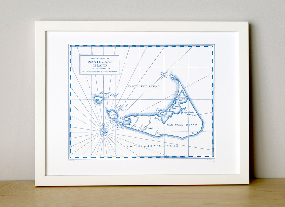 letterpress printed hand drawn map of nantucket island Massachusetts Norheastern United States Coast