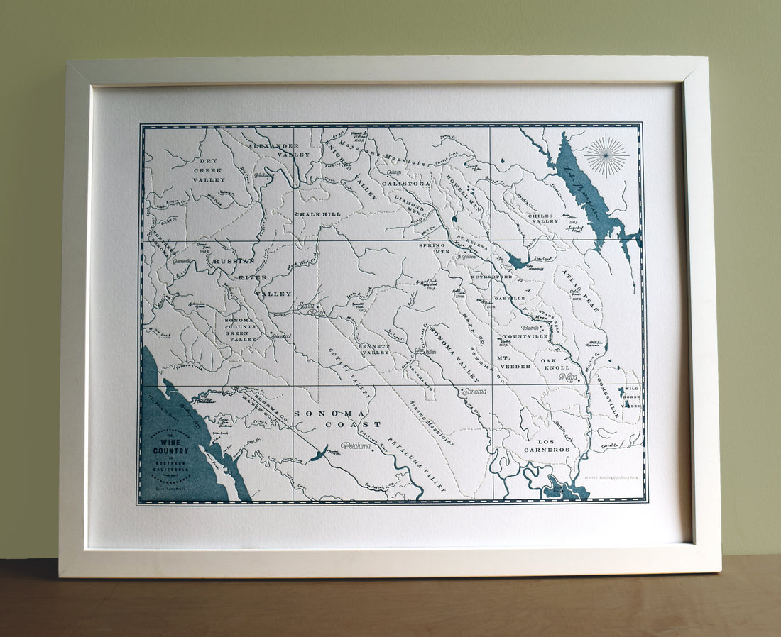 California Coast and wine country letterpress map.  Wine country wall decor