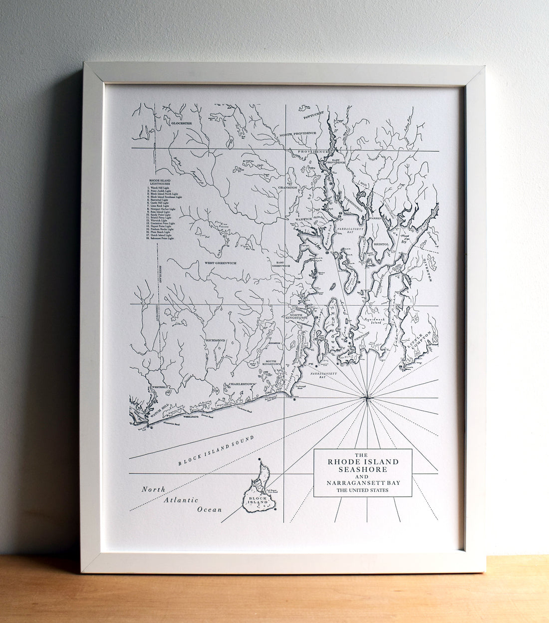 Framed Fine art letterpress printed map of the Rhode Island Seashore including Narragansett Bay Block Island and surrounding Atlantic Ocean Coast