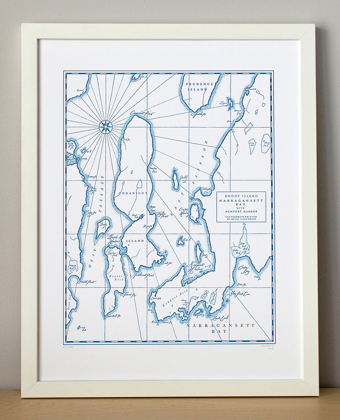 Framed letterpress printed map of Narragansett Bay Rhode Island Northeastern United States