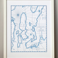 Framed letterpress printed map of Narragansett Bay Rhode Island Northeastern United States