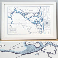 Framed letterpress print of Newburyport Map watercolor accent along shorelines 
