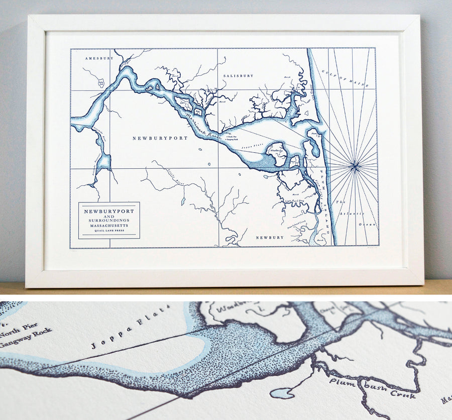 Framed letterpress print of Newburyport Map watercolor accent along shorelines 