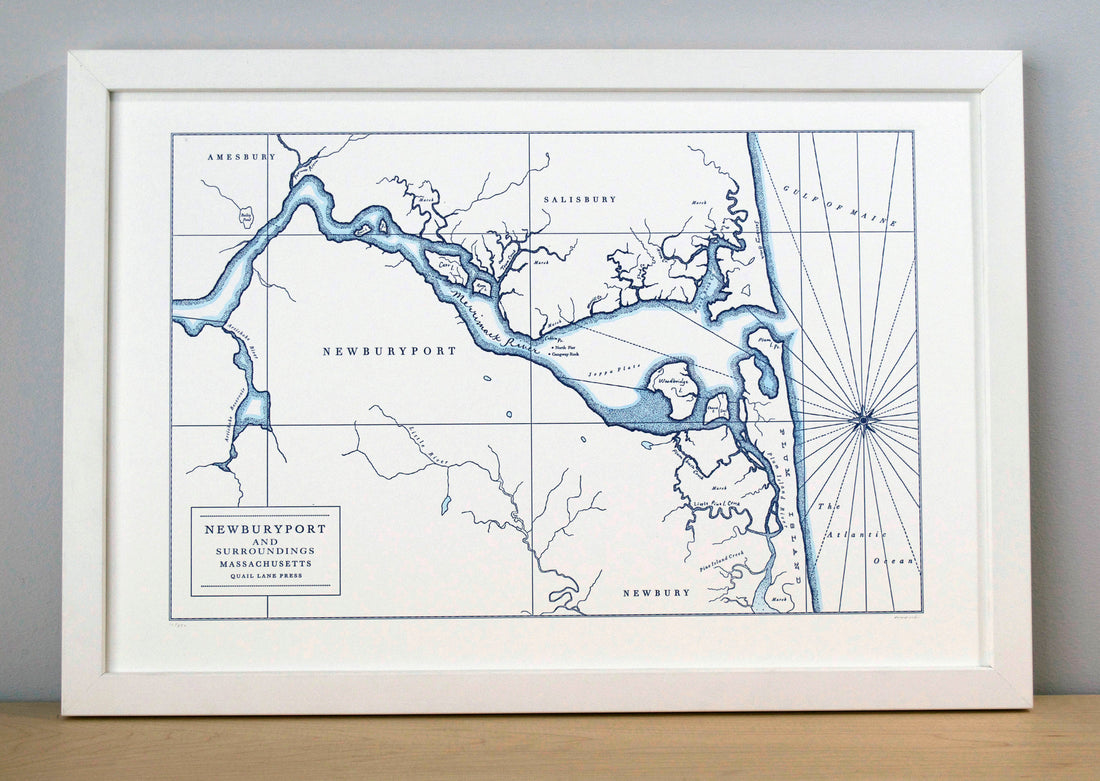 Map of Newburyport and surrounding area letterpress printed with water-color accent wash along the shorelines