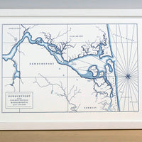 Map of Newburyport and surrounding area letterpress printed with water-color accent wash along the shorelines