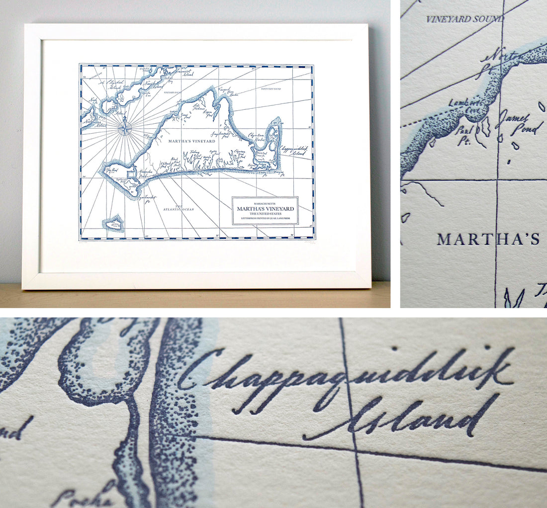 Framed hand-drawn letterpress printed map of Massachusetts Marthas Vineyard