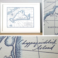 Framed hand-drawn letterpress printed map of Massachusetts Marthas Vineyard