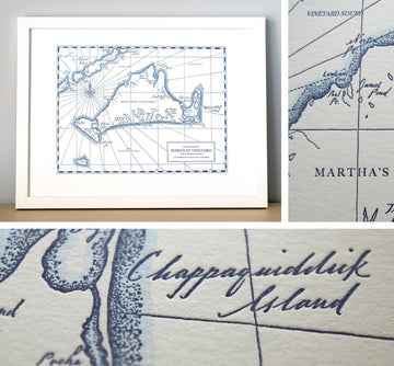 Framed hand-drawn letterpress printed map of Massachusetts Marthas Vineyard