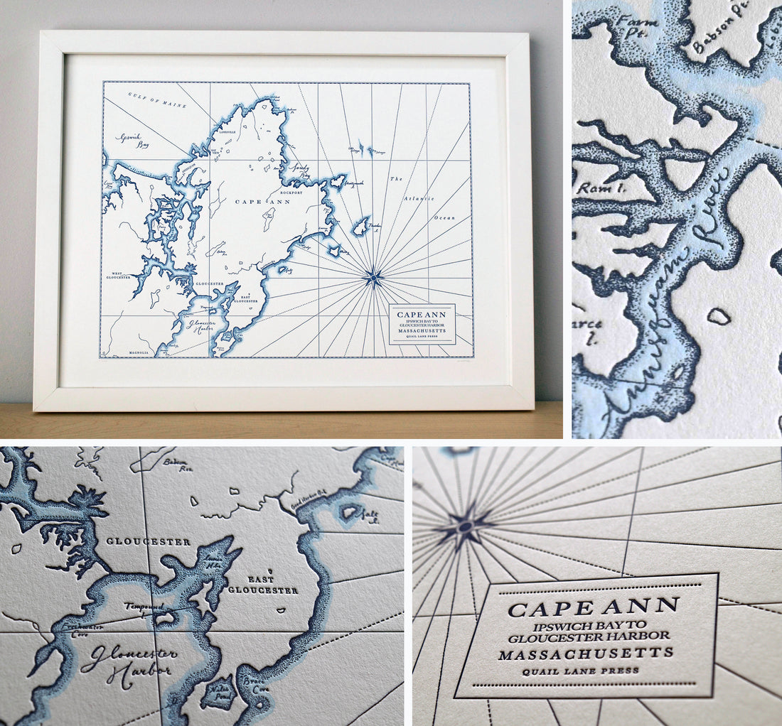 Original Hand-drawn letterpress printed map of Cape Ann Massachusetts.