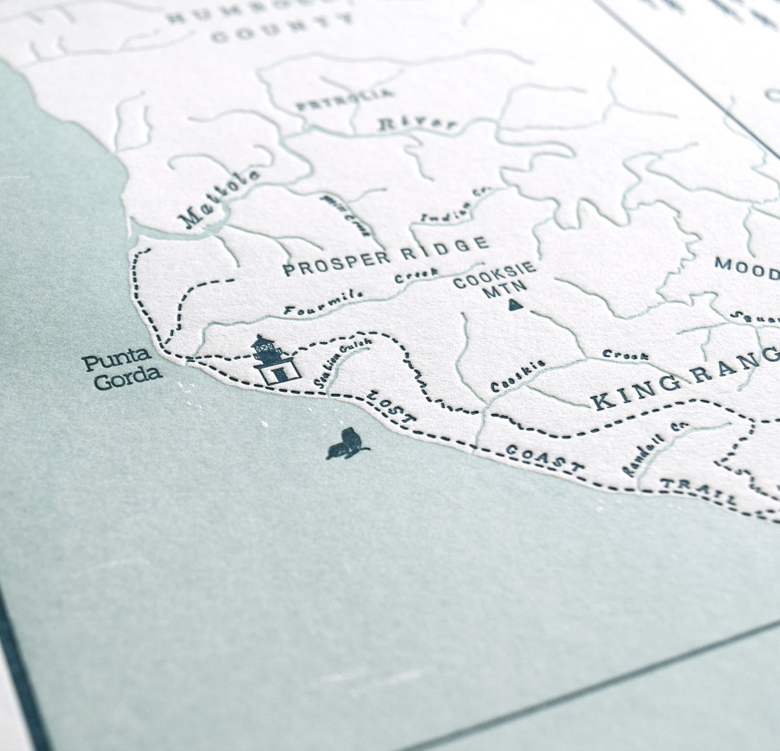 letterpress print of the Northern California Lost Coast including natural features and trails