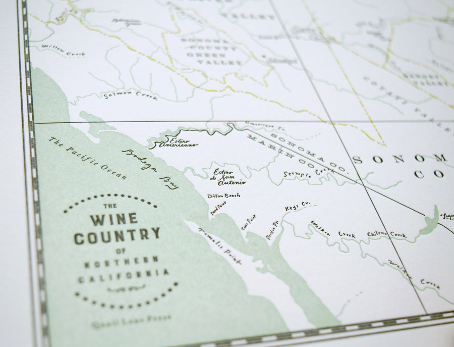 Wine country letterpress wall decor.  Hand-printed letterpress fine art map