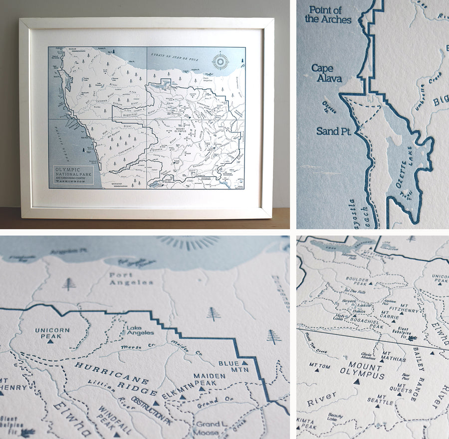 Letterpress printed hand-drawn map of Olympic National Park washington Pacific Northwest united States