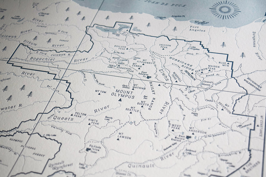 Letterpress printed map depicting wilderness trails and prominent peaks and creeks of the Mt Olympus region