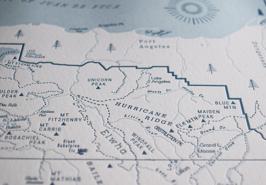 Olympic national park handdrawn letterpress printed map depicting prominent peaks trails and creeks