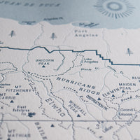 Olympic national park handdrawn letterpress printed map depicting prominent peaks trails and creeks