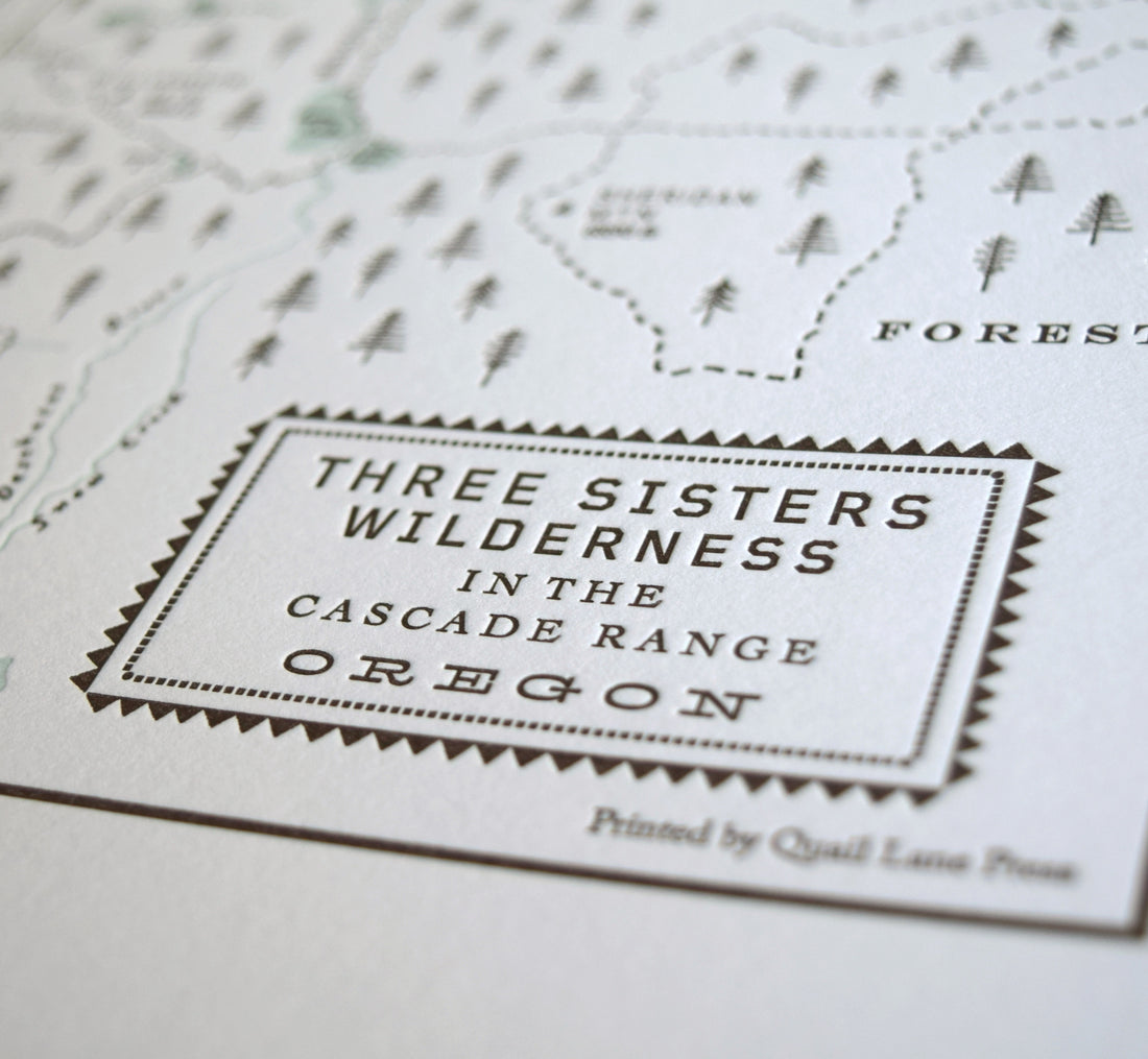 Central oregon cascade range map including the three sisters wilderness, mt bachelor, and broken top mountain.  Letterpress printed hand drawn original design.
