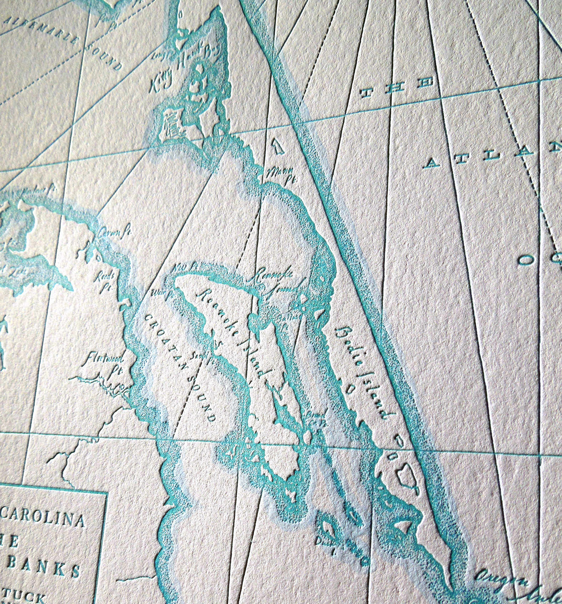 Map of Outerbanks.  The outerbanks of North Carolina Map printed in letterpress and accented along the shorelines with watercolor wash