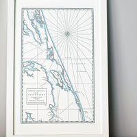 Outerbanks Map.  Letterpress printed wall art print framed in white depicting the North Carolina Coast of the United States from Currituck sound to wimble shoals