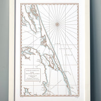 Map of Outerbanks.  Framed letterpress print of the outerbanks of North Carolina United States