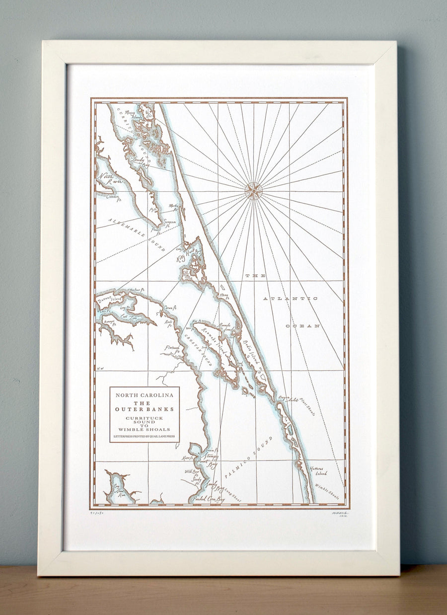 Map of Outerbanks.  Framed letterpress print of the outerbanks of North Carolina United States