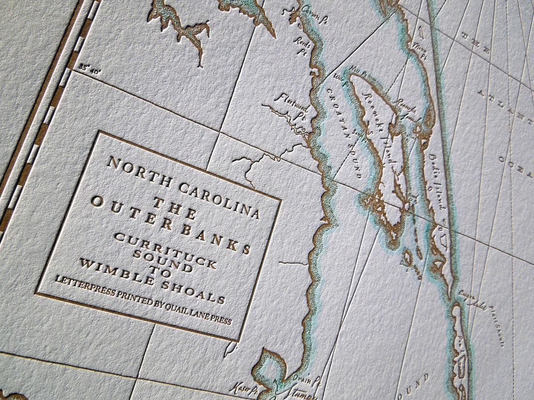 Map of Outerbanks.  Outerbanks of North Carolina letterpress printed map depicting coastine from currituck sound to winble shoals