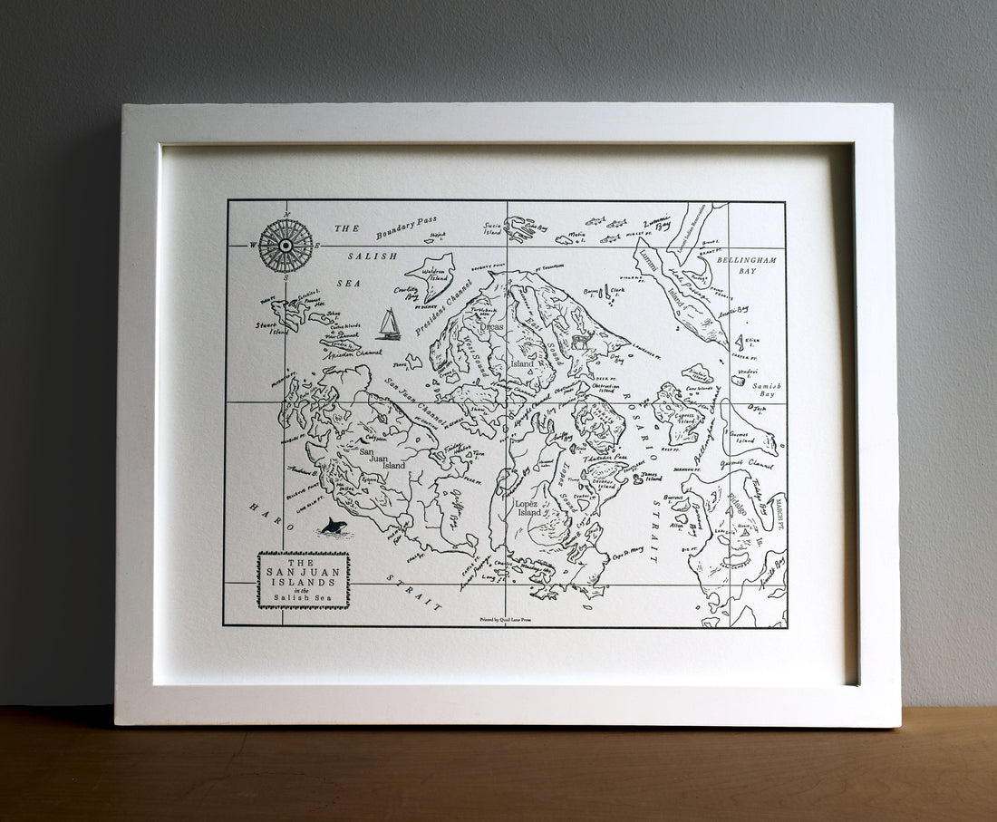 Pacific Northwest artist pnw art print of the San juan Islands bellingham bay, rosario strait, haro strait, salish sea.  Letterpress printed using eco-friendly black ink on archival cotton paper