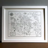 Pacific Northwest artist pnw art print of the San juan Islands bellingham bay, rosario strait, haro strait, salish sea.  Letterpress printed using eco-friendly black ink on archival cotton paper