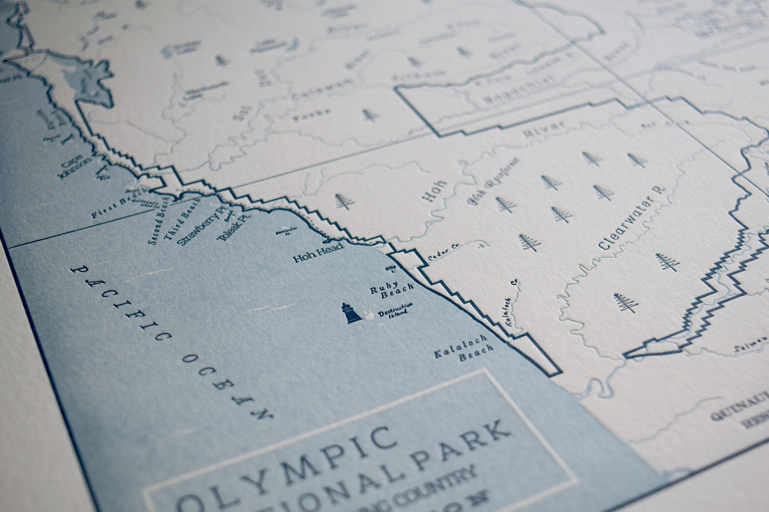 Pacific Northwest art map including the coastline along Olympic National Park Identifies promient beaches rivers and trails as well as mountain aspects