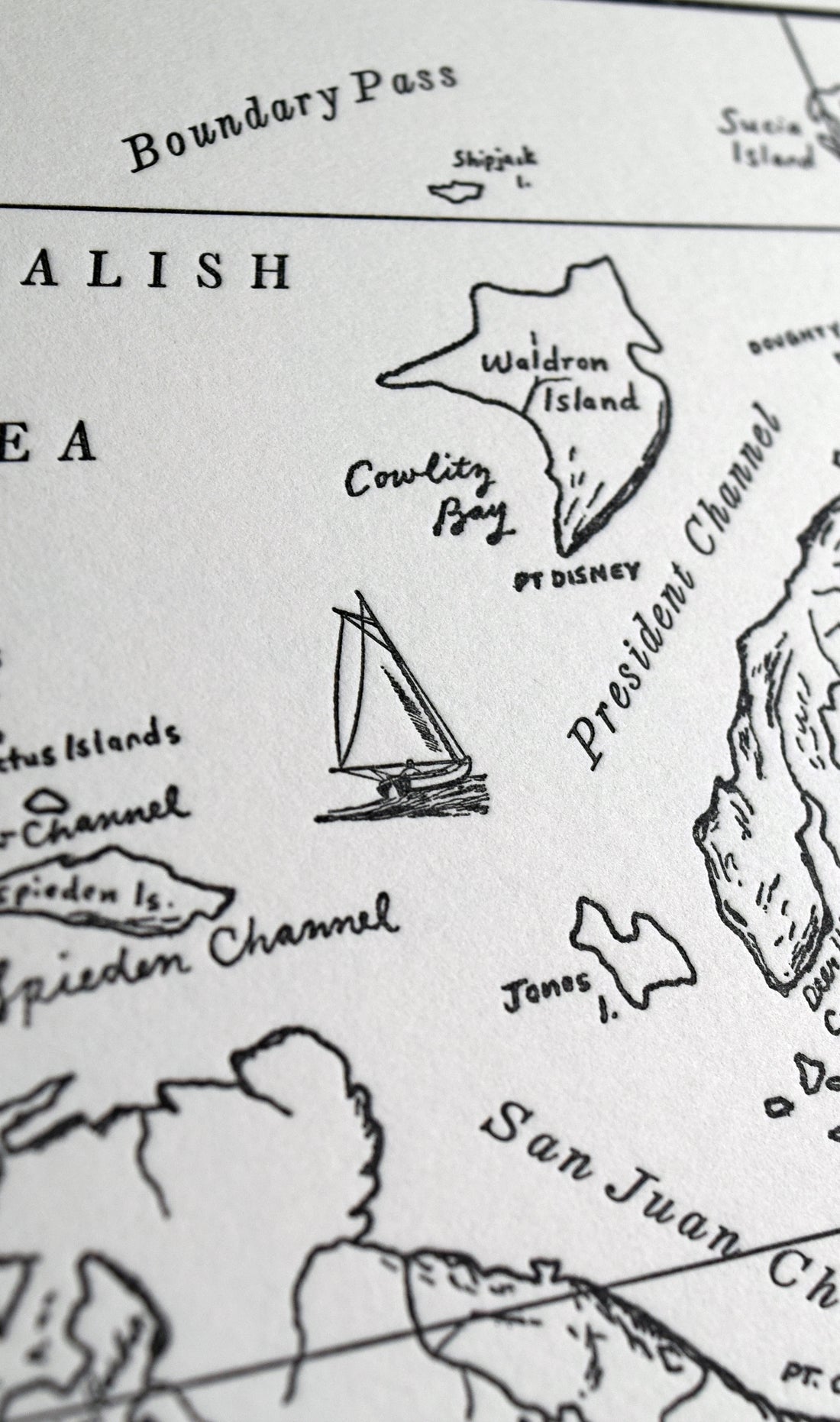 Local Pacific Northwest artist letterpress printed wall art artistic nautical theme map of the san juan islands salish sea and surrounding areas