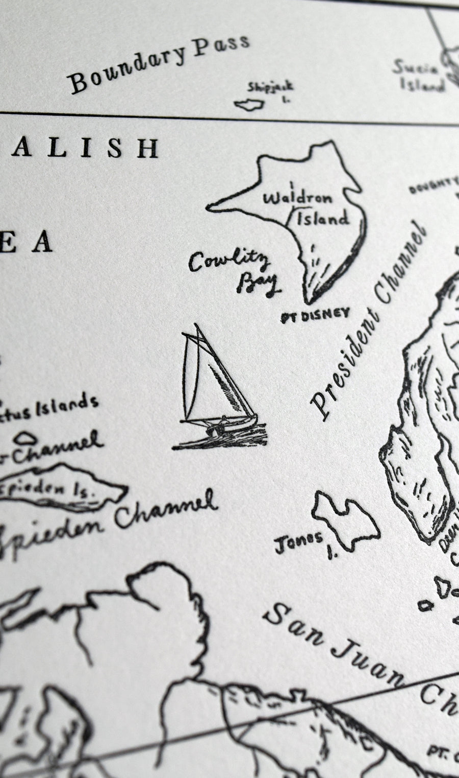 Local Pacific Northwest artist letterpress printed wall art artistic nautical theme map of the san juan islands salish sea and surrounding areas