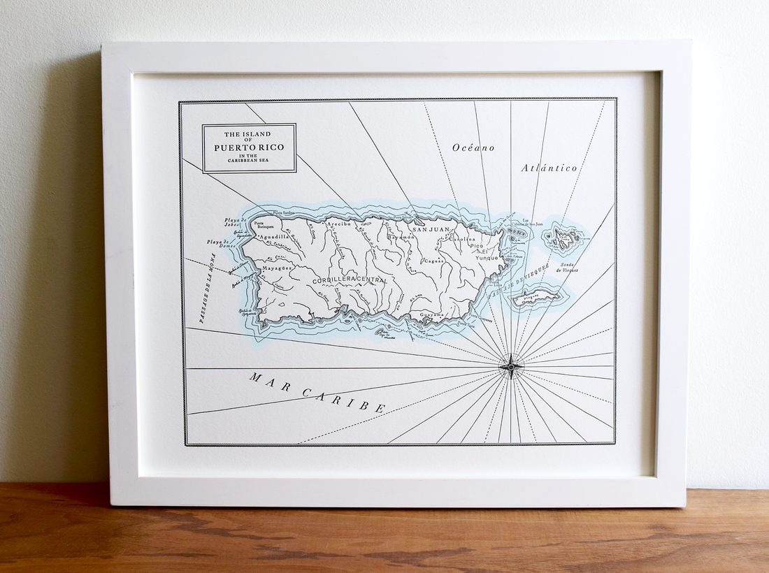 Framed Fine art print letterpress printed Map of Puerto Rico Island Caribbean Sea. Nautical themed wall decor includes watercolor wash along shorelines