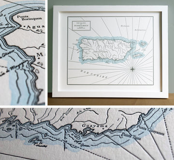 Framed Fine art print letterpress printed Map of Puerto Rico Island Caribbean Sea. Nautical themed wall decor includes watercolor wash along shorelines
