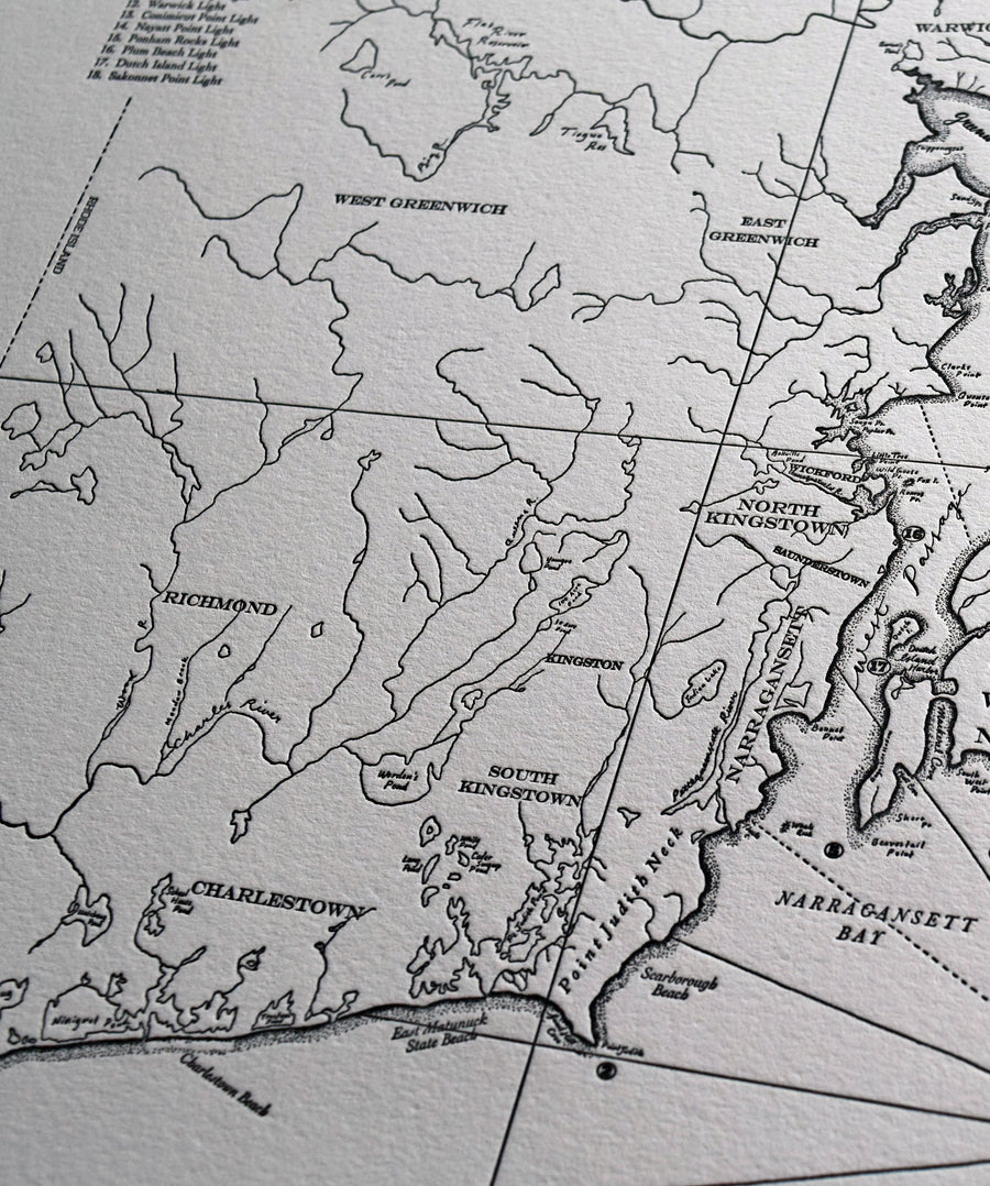 Fine art wall print map of the Rhode Island Seashore identifying lighthouses and prominent natural freatures including creeks lakes and shorelines