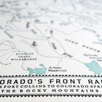 Colorado Front Range map letterpress printed detailed view black ink