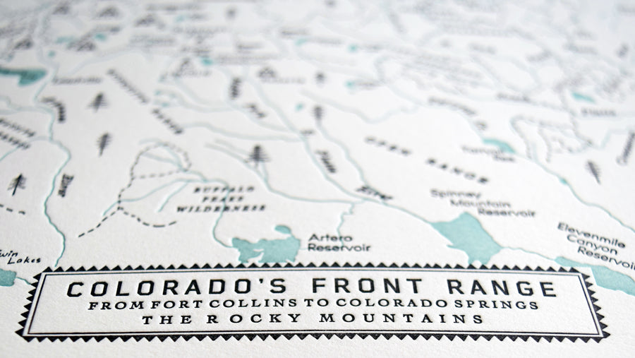 Colorado Front Range map letterpress printed detailed view black ink