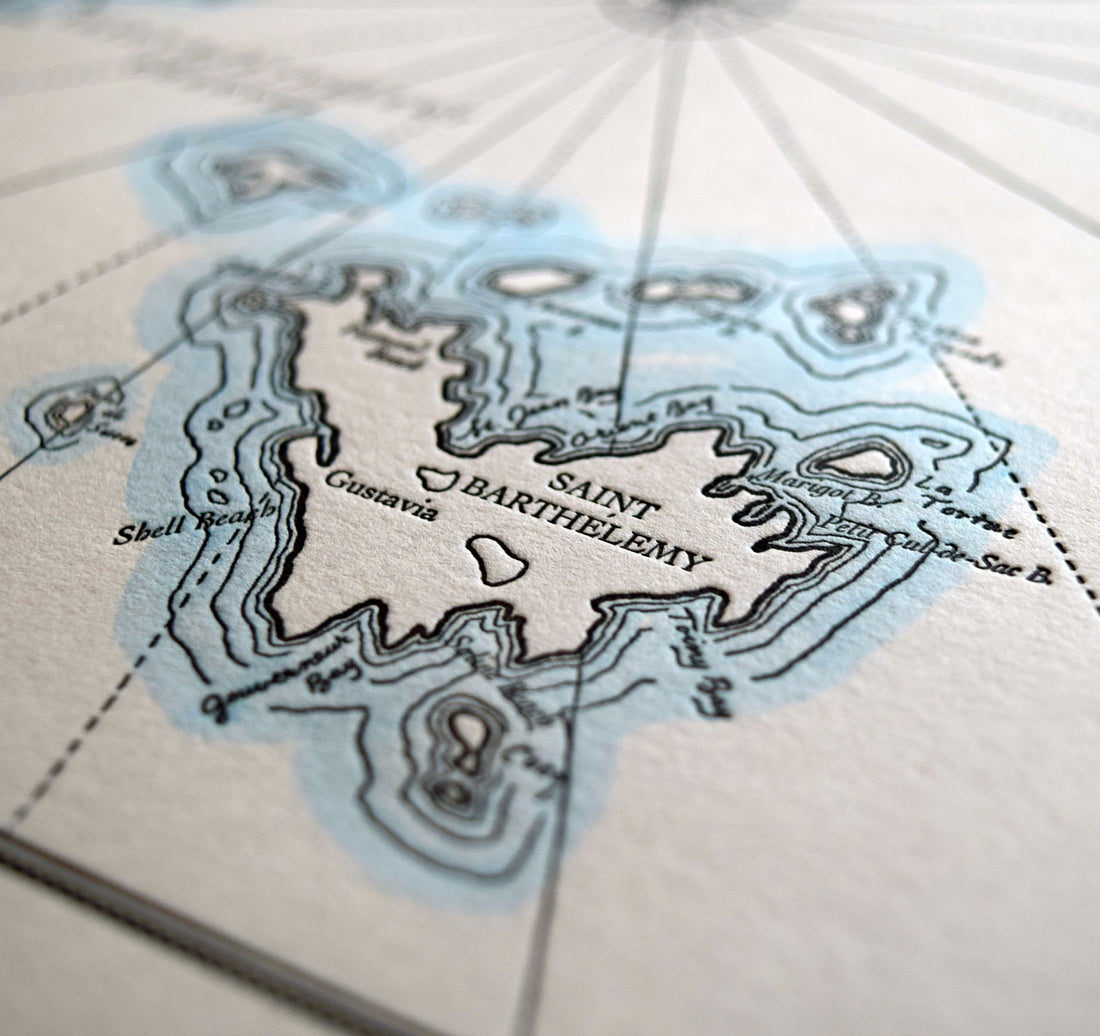 Letterpress map of the Caribbean Islands