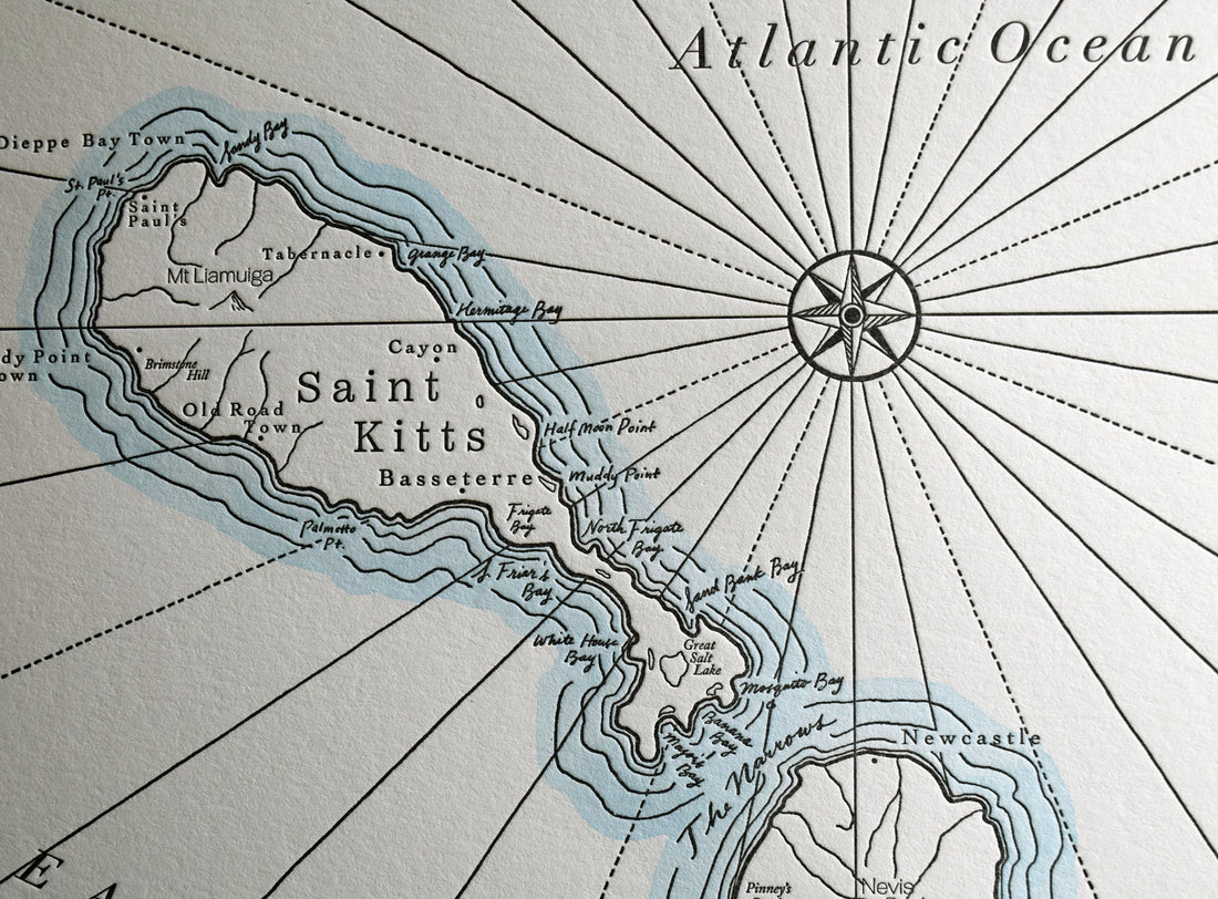 Detailed Fine art map of St Kitts and Nevis Islands in the Caribbean Sea.  Shorelines are accented with hand painted watercolor wash