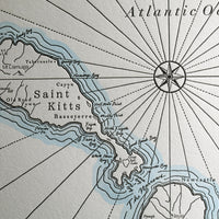 Detailed Fine art map of St Kitts and Nevis Islands in the Caribbean Sea.  Shorelines are accented with hand painted watercolor wash