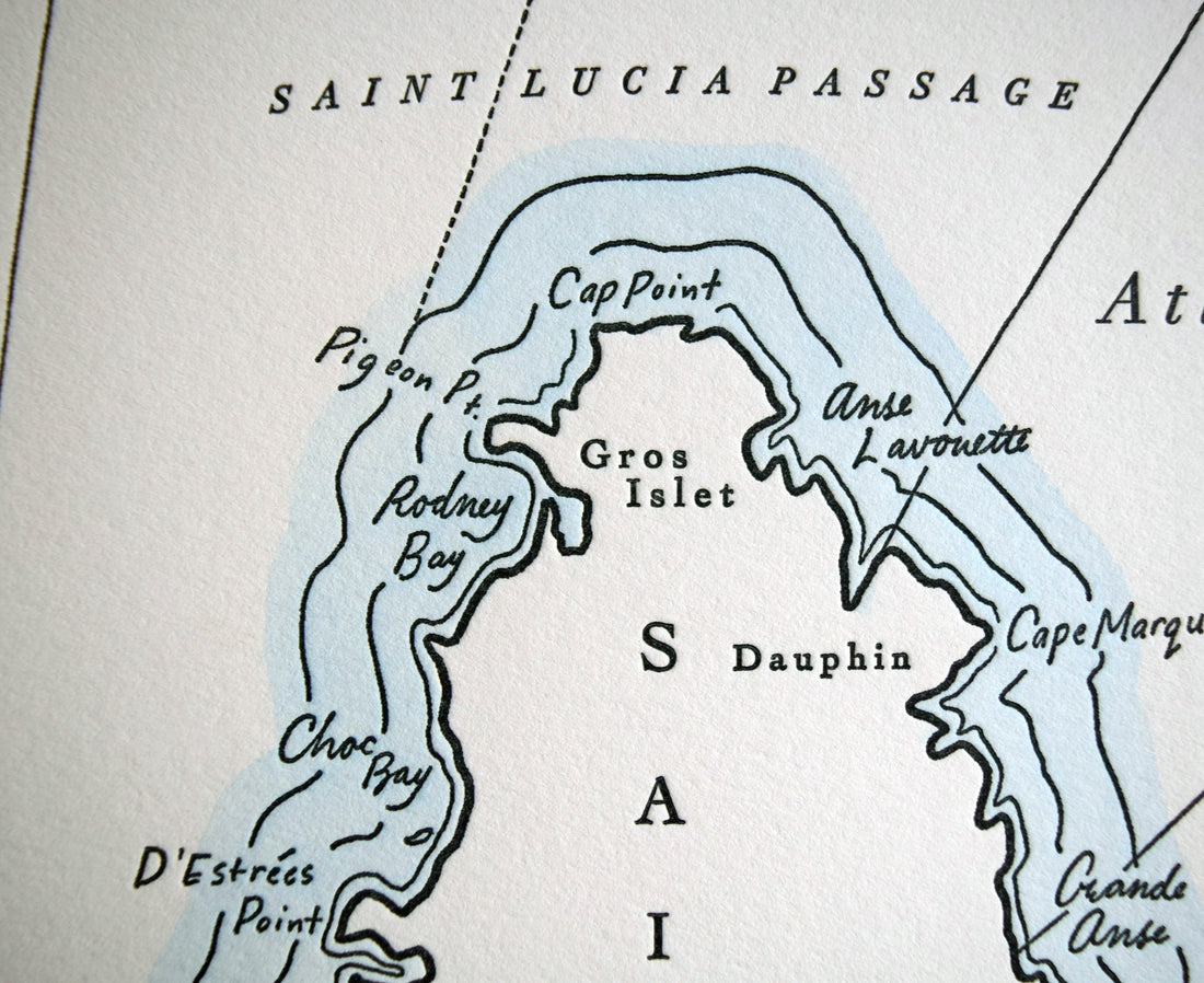 Detailed letterpress printed map of Saint Lucia Map.  Printed on archival grade cotton paper with hand painted water color wash along shorelines