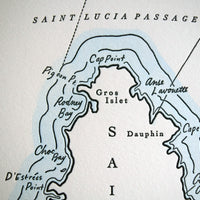 Detailed letterpress printed map of Saint Lucia Map.  Printed on archival grade cotton paper with hand painted water color wash along shorelines