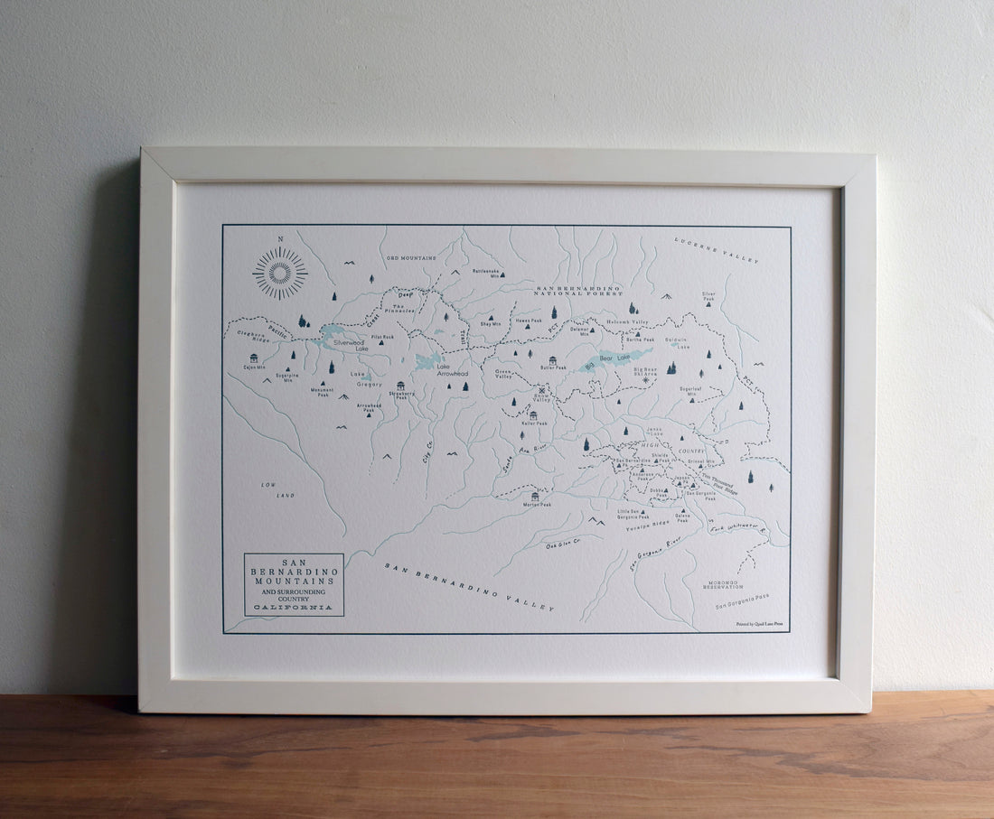 Wall art print letterpress map of the California San Bernardino Mountain range including big bear lake arrowhead lake and sherwood lake