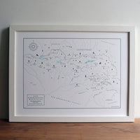 Wall art print letterpress map of the California San Bernardino Mountain range including big bear lake arrowhead lake and sherwood lake